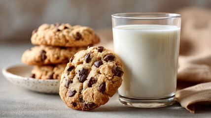 Chocolate chip cookies and glass of milk on a table.