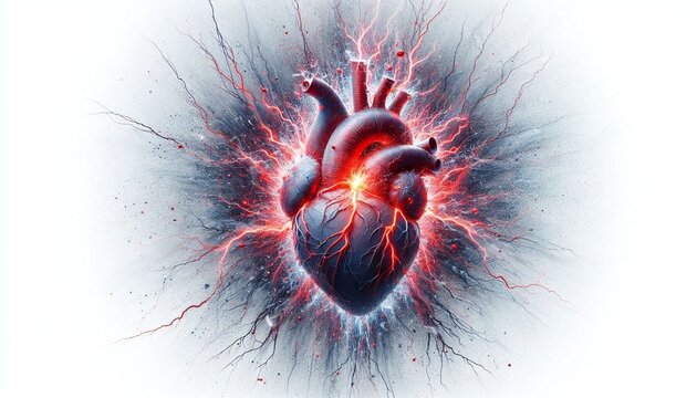 A heart exploding with intense energy, symbolizing overwhelming stress and heartbreak, white background