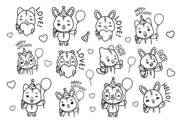 Cute kawaii animal coloring book set, funny vector illustrations