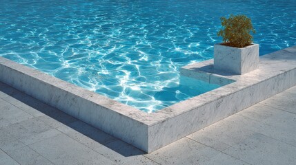 Turquoise Ocean Water By A White Concrete Terrace With A Potted Plant