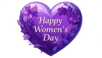A purple heart with Happy Women's Day written inside, decorated with delicate floral accents for a feminine and elegant touch