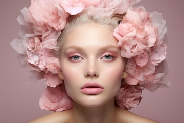 Fototapeta premium Model wearing pink flowers and makeup posing for a beauty portrait