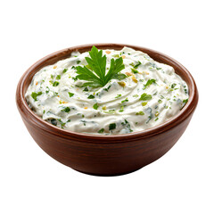 Creamy Sauce In Wooden Bowl With Herbs isolated on transparent background