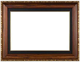 Rectangular wooden picture frame with ornate gold details, containing a white center