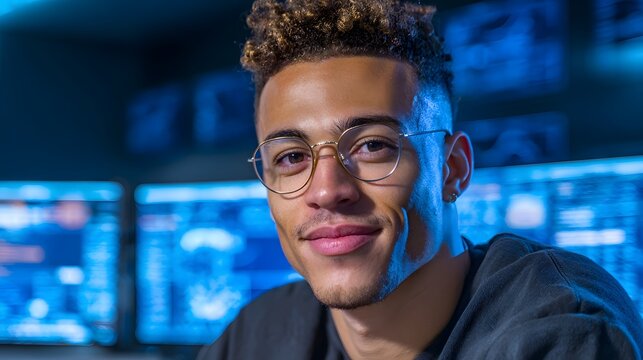 Young man with curly hair and glasses smiles in a blue lit room.