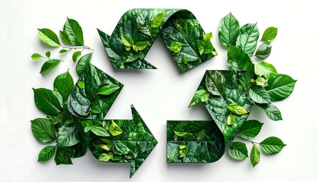 Green leafy foliage forms iconic recycling symbol