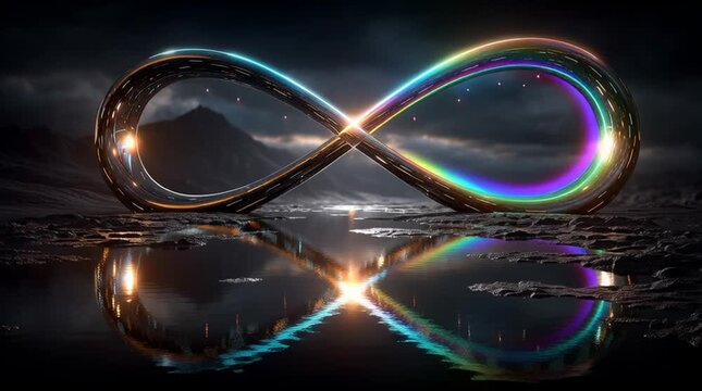 Eternal loop: A metallic infinity symbol, gleaming with an array of vibrant colors, reflects in a still pool against a moody, ethereal backdrop, representing boundlessness.