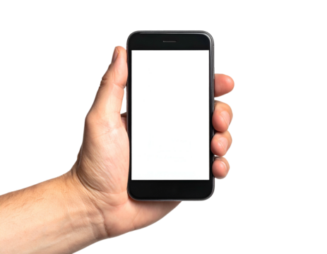 Close-up of a human hand holding a modern smartphone with a blank white screen