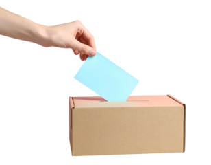 A hand places a light blue card into a ballot box on a transparent background