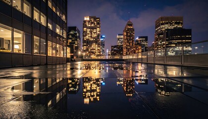 Obraz premium Stunning Urban Skyline Reflection at Night with Vibrant City Lights