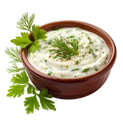 Creamy Sauce In Wooden Bowl With Herbs isolated on transparent background