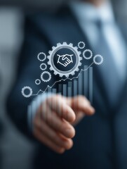 A businessman extends his hand while gears and a handshake symbol depict collaboration and growth in a digital, abstract setting.