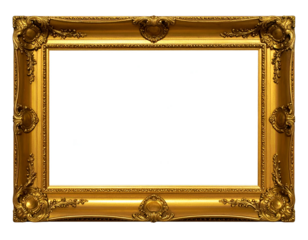 Ornate rectangular gilded frame, empty white center, detailed carvings, elegant design, isolated on black