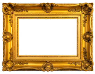 Ornate rectangular golden frame with elaborate scrollwork and empty white space inside