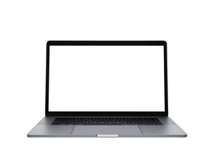 Front-facing, silver-colored laptop with a blank white screen isolated against a black background