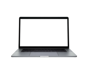 Front-facing, silver-colored laptop with a blank white screen isolated against a black background