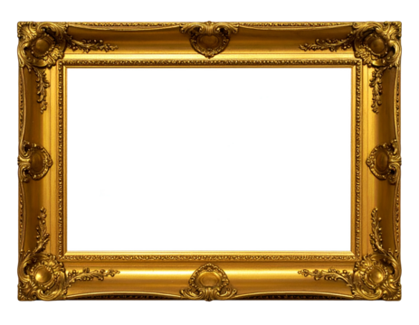 Ornate rectangular gilded frame, empty white center, detailed carvings, elegant design, isolated on black