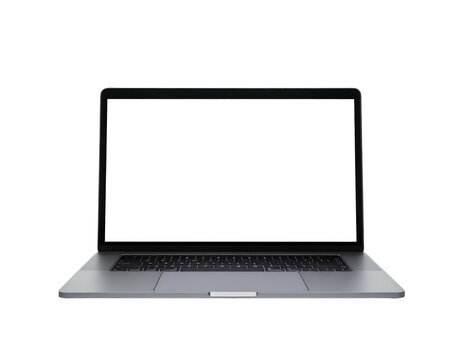 Front-facing, silver-colored laptop with a blank white screen isolated against a black background