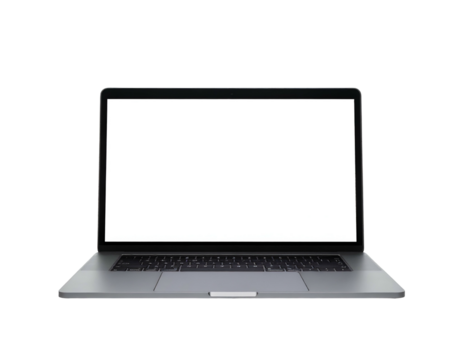 Front-facing, silver-colored laptop with a blank white screen isolated against a black background
