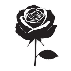 Rose flower silhouette with stem and leaf isolated black vector graphic on white background elegant floral design natural beauty blossom illustration