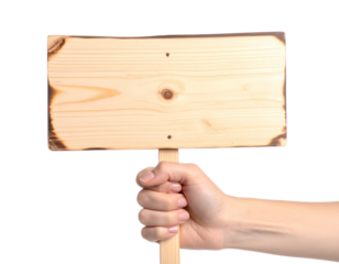 A human hand gripping the wooden handle of a blank sign