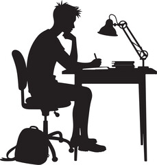 Silhouette of a young man studying at a desk with a lamp