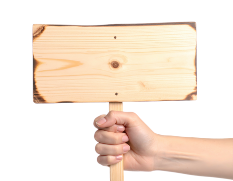 A human hand gripping the wooden handle of a blank sign