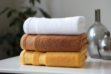 Soft towels stacked on a table, evoking a sense of comfort and spa like relaxation
