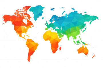 Geometric world map showing continents with colorful polygonal patterns, global connection, planet geography, modern abstract design