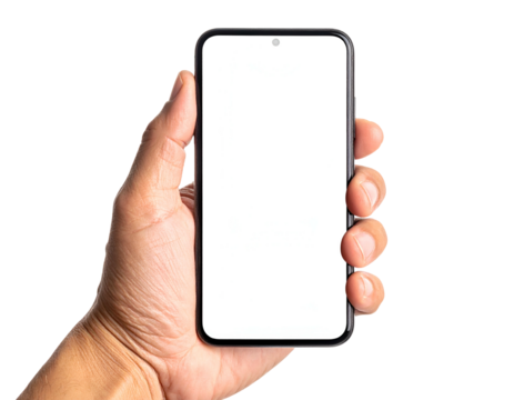 A person's hand holding a modern smartphone with a blank white screen