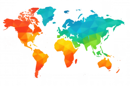 Geometric world map showing continents with colorful polygonal patterns, global connection, planet geography, modern abstract design