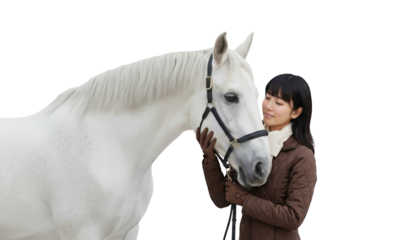 Elegant young Japanese woman gently caressing majestic white horse, serene bonding moment, equestrian lifestyle, showing love and companionship, rural beauty, pure breed, PNG transparency