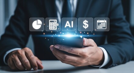 Business professional interacting with futuristic ai and finance icons on a smartphone screen