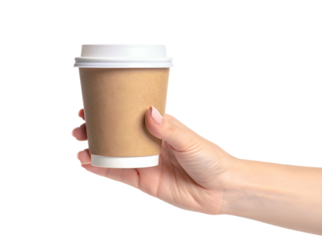 A woman's hand holding a disposable paper cup with a white lid against a black background