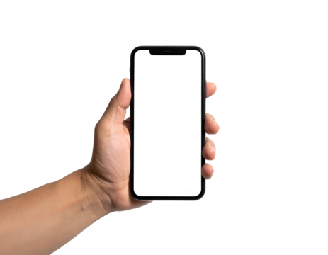A hand holding a blank-screened smartphone against a black background, ready for content