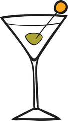 Chalk martini glass with olive, isolated vector silhouette for cocktail and bar design