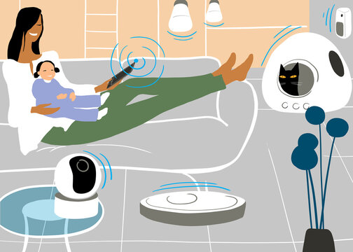 Modern smart home with digital automation devices and cat relaxing