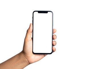Person's hand holding up a modern smartphone with a blank white screen