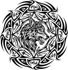 Obraz premium Viking Wolf and Axes Tribal Emblem