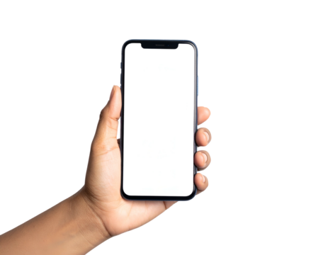Person's hand holding up a modern smartphone with a blank white screen