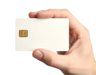 A hand holds a blank rectangular card with an embedded chip, isolated on black