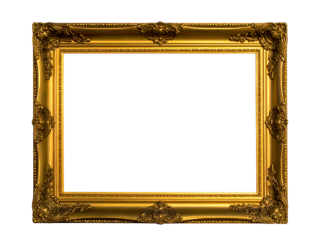 Ornate, rectangular gold frame with decorative carvings, set against a stark black background