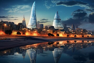 Fototapeta premium Modern skyscrapers reflecting in the water at twilight in baku, azerbaijan