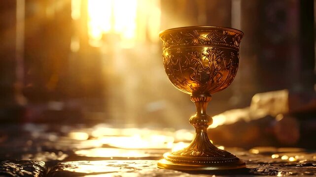 Ornate golden goblet illuminated by divine sunbeams on ancient stone.