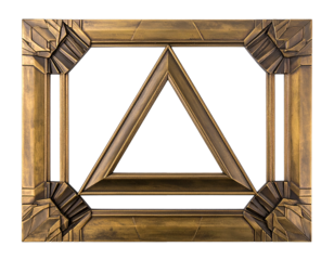 A stylized gold-toned geometric picture frame with triangular and rectangular elements