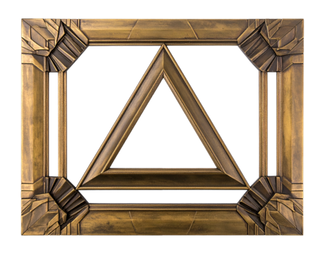 A stylized gold-toned geometric picture frame with triangular and rectangular elements