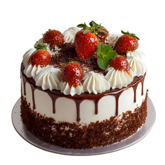 Delicious chocolate layer cake with fresh strawberries and whipped cream isolated on transparent background