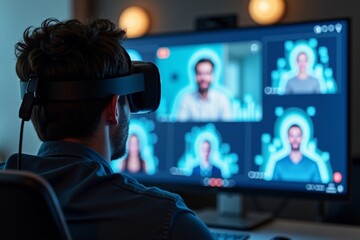 Virtual Reality Goggles User Engaging in Online Conference Call with Colleague Avatars