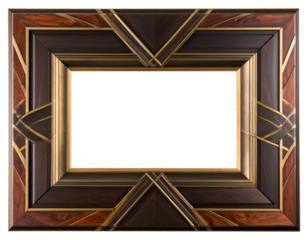 Ornate rectangular wooden frame with a geometric design, featuring dark and light woods