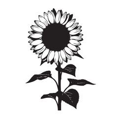 Bold black and white silhouette of a sunflower plant with intricate petals and leaves perfect for natural product packaging gardening labels agricultural branding summer festival promotions